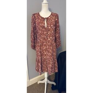 Bobeau Floral Boho Dress Rust Tiered Long Sleeve